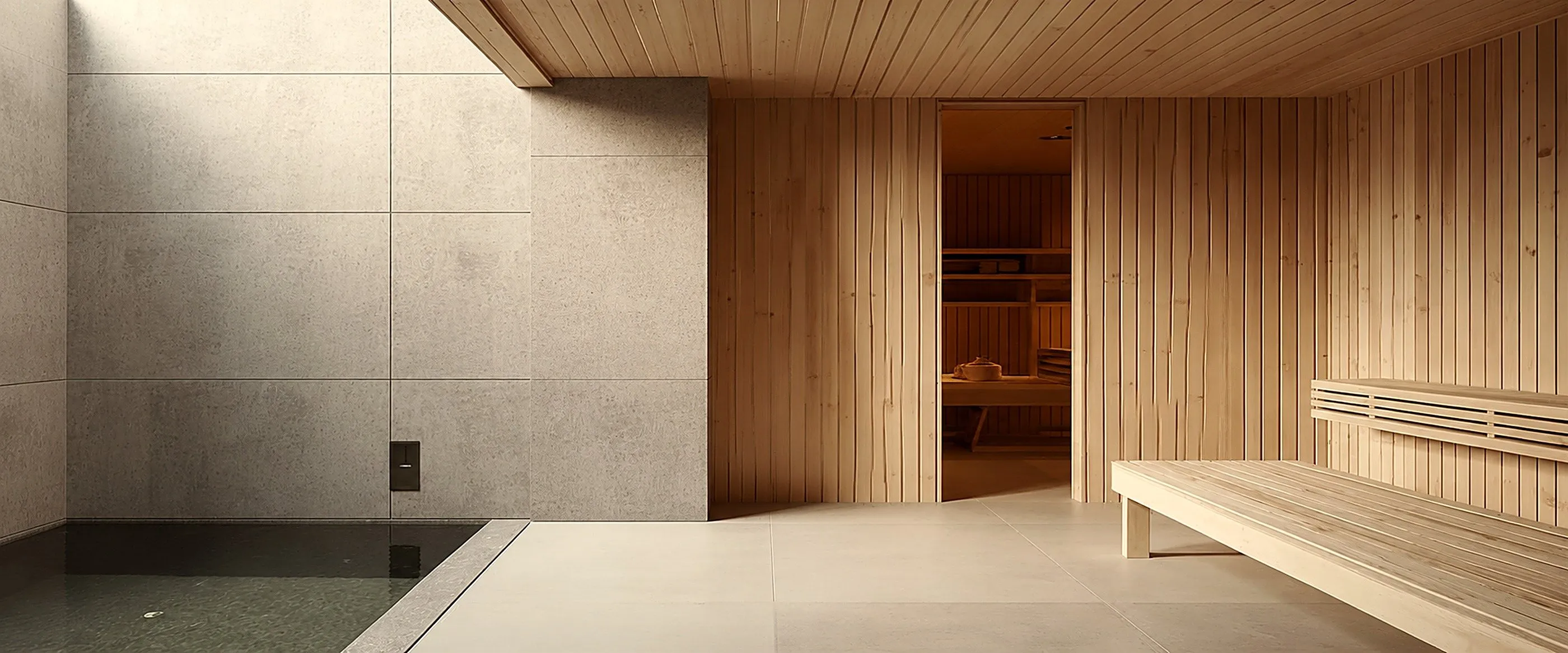 A minimalist architectural wellness interior — stone, wood, and a still plunge pool